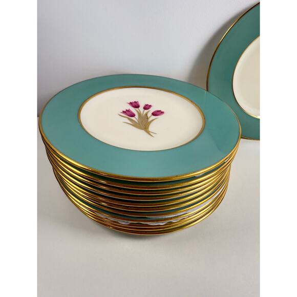 12 pc Vintage Lenox Bradford Tulip Collection Turquoise Gold Rim 6" Salad Plates - Picture 3 of 4
